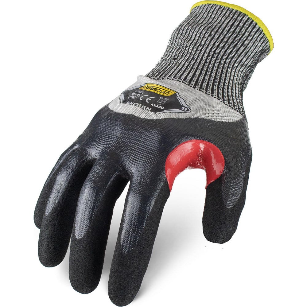 Puncture-Resistant Gloves:  Size  Large,  ANSI Cut  A5,  ANSI Puncture  4,  Nitrile,  HPPE Steel Blended Knit Black & Gray,  Palm, Fingers & Knuckles Coated,  Unlined Lined,  HPPE Fiber/Stainless Steel Back,  Sandy Grip,  ANSI Abrasion  Not Tested