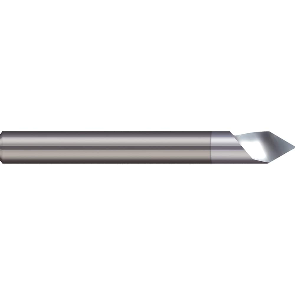 Engraving Cutter: 300 °, 1/8″ Dia, 0.01″ Tip Dia, Tipped Off Point, Solid Carbide TiB2 Finish, 0.215″ LOC, 1/8″ Shank, 2″ OAL, 1 Flute, Use on Ferrous & Non-Ferrous Metals