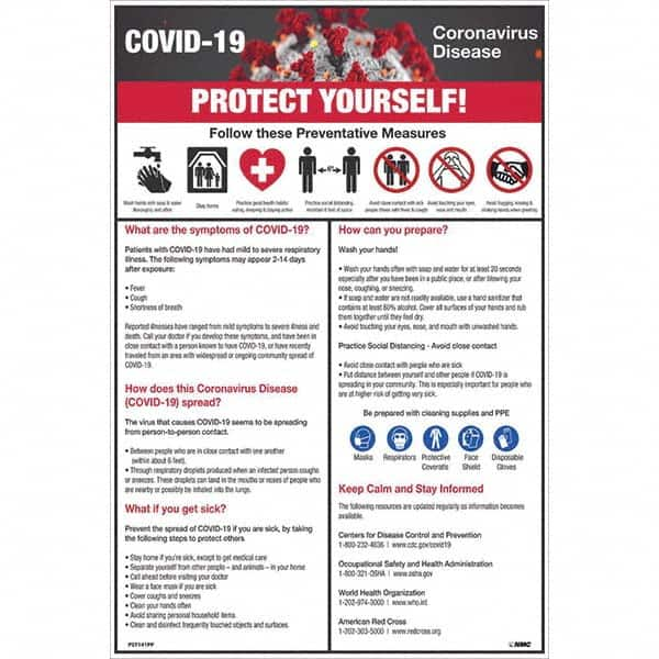 NMC - 1 5-Piece "COVID-19 - PROTECT YOURSELF!", 12" Wide x 18" High, Paper Safety Sign - Americas Industrial Supply