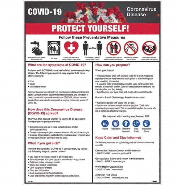 NMC - "COVID-19 - PROTECT YOURSELF!", 18" Wide x 24" High, Pressure-Sensitive Vinyl Safety Sign - Americas Industrial Supply