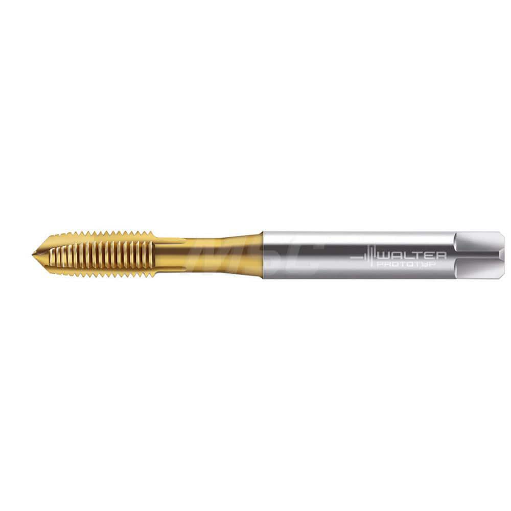 Spiral Point Tap: 1/4-28, UNF & DIN 371, 3 Flutes, Plug, 2B, HSS-E, TiN Finish 15 mm Thread Length, 80 mm OAL, Right Hand, Series TC216