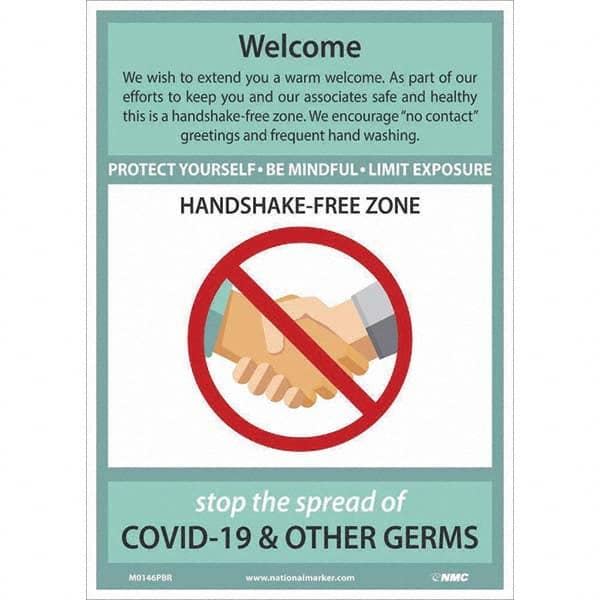 NMC - "COVID-19 - Welcome - Handshake Free Zone", 10" Wide x 14" High, Pressure-Sensitive Vinyl Safety Sign - Americas Industrial Supply