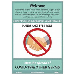 NMC - "COVID-19 - Welcome - Handshake Free Zone", 10" Wide x 14" High, Pressure-Sensitive Vinyl Safety Sign - Americas Industrial Supply