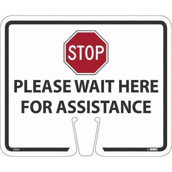 NMC - "Stop - Please Wait Here", 12-5/8" Wide x 10-3/8" High, Rigid Plastic Safety Sign - Americas Industrial Supply