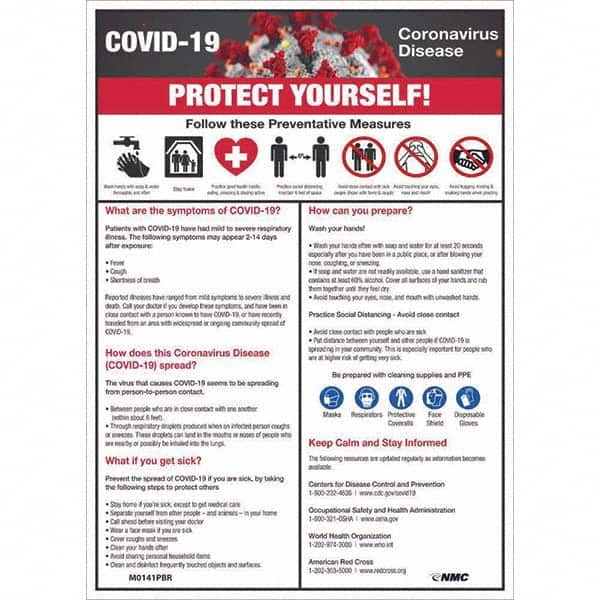 NMC - "COVID-19 - PROTECT YOURSELF!", 10" Wide x 14" High, Pressure-Sensitive Vinyl Safety Sign - Americas Industrial Supply