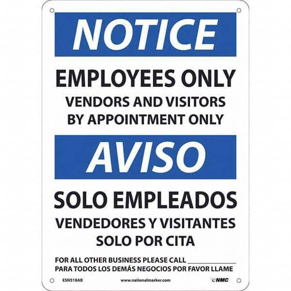 NMC - "Notice - Employees Only", 10" Wide x 14" High, Aluminum Safety Sign - Americas Industrial Supply