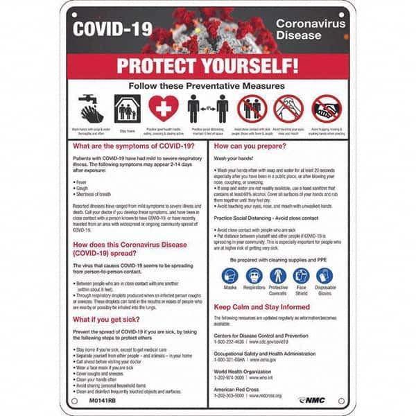 NMC - "COVID-19 - PROTECT YOURSELF!", 10" Wide x 14" High, Rigid Plastic Safety Sign - Americas Industrial Supply