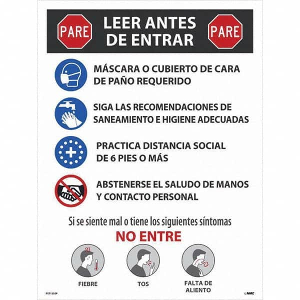 NMC - "COVID-19 - PARE - Leer Antes De Entrar", 18" Wide x 24" High, Paper Safety Sign - Americas Industrial Supply