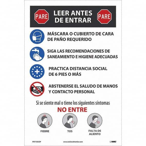 NMC - "COVID-19 - PARE - Leer Antes De Entrar", 12" Wide x 18" High, Vinyl Safety Sign - Americas Industrial Supply