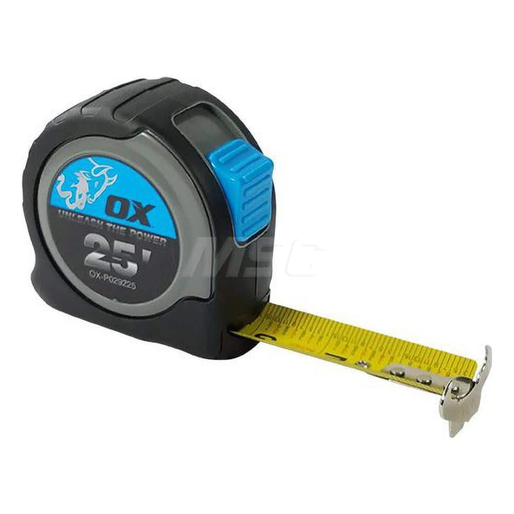 Tape Measure: 25' Long, 1-1/16″ Width, Yellow Blade 1/16″ Graduation, Black & Gray Case