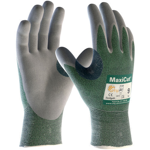 ‎18-570/XXXL Cut Resistant Gloves - MaxiCut - Green 15G Eng Yarn Shell - Gray Nitrile MicroFoam Grip - A2 - Exact Industrial Supply