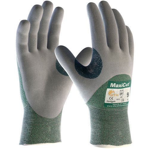 ‎18-575/L Gloves for Cut Protection - MaxiCut - Green 15G Eng Yarn Shell - Gray 3/4 Nitrile MicroFoam Grip - A2 - Exact Industrial Supply