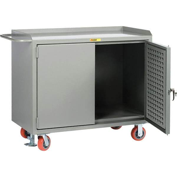 Little Giant - 3,600 Lb Capacity, 2 Shelf, 2 Door Mobile Bench Cabinet with Louvered Panel - 41" Wide x 24" Deep x 43" High, Steel, Gray - Americas Industrial Supply