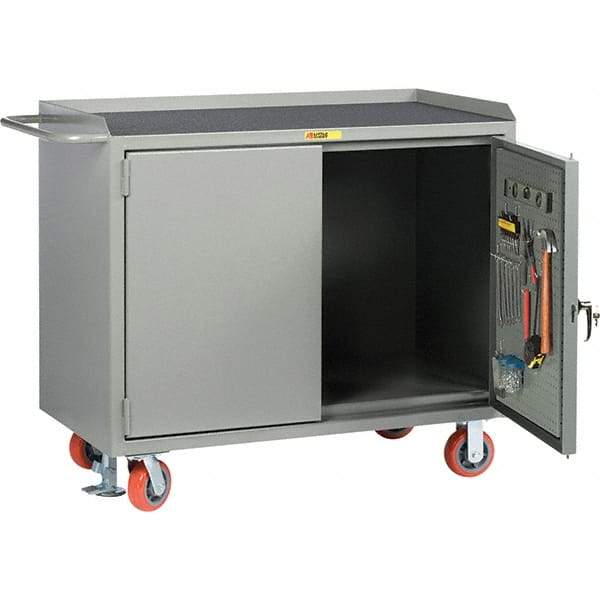 Little Giant - 3,600 Lb Capacity, 2 Shelf, 2 Door Mobile Bench Cabinet with Pegboard Panel Doors - 41" Wide x 24" Deep x 43" High, Steel, Gray - Americas Industrial Supply