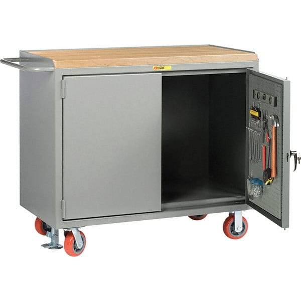 Little Giant - 3,600 Lb Capacity, 2 Shelf, 2 Door Mobile Bench Cabinet with Pegboard Panel Doors - 41" Wide x 24" Deep x 43" High, Steel, Gray - Americas Industrial Supply