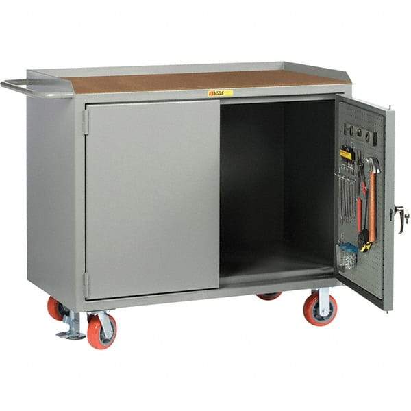 Little Giant - 3,600 Lb Capacity, 2 Shelf, 2 Door Mobile Bench Cabinet with Pegboard Panel Doors - 41" Wide x 24" Deep x 43" High, Steel, Gray - Americas Industrial Supply