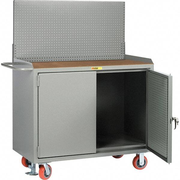 Little Giant - 3,600 Lb Capacity, 2 Shelf, 2 Door Mobile Bench Cabinet with Pegboard Panel Doors - 41" Wide x 24" Deep x 43" High, Steel, Gray - Americas Industrial Supply