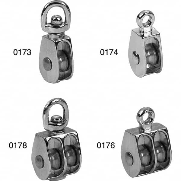 Campbell - Blocks & Pulleys; Type: Rigid Eye Pulley ; Rope Type: Fibrous ; Sheave Style: Double ; Rope Diameter (Inch): 5/16 ; Sheave Outside Diameter (Inch): 1 ; Load Capacity (Lb.): 25 - Exact Industrial Supply