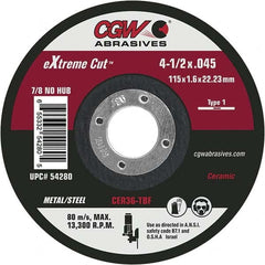 Cut-Off Wheel: Type 1, 5″ Dia, 7/8″ Hole, Ceramic Reinforced, 36 Grit, 12250 Max RPM, Use with Angle Grinders