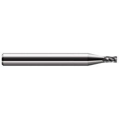 Corner Radius End Mill: 0.02″ Dia, 0.03″ LOC, 0.003″ Radius, 4 Flutes, Solid Carbide 1-1/2″ OAL, 1/8″ Shank Dia, 30 ° Helix, Bright/Uncoated, Corner Radius End