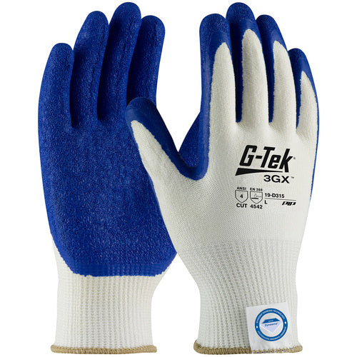‎19-D315/M Coated Gloves - G-Tek 3GX Dyneema Diamond - 15G White Shell - Blue Latex Crinkle Grip - A4 - Exact Industrial Supply