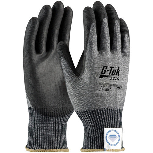 ‎19-D326/M Coated Gloves - G-Tek 3GX Dyneema Diamond - 13G Gray Shell - Black PU Smooth Grip - A3 - Exact Industrial Supply
