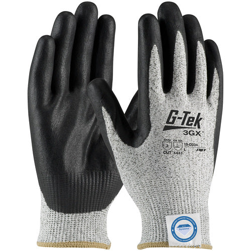 19-D334/M Coated Gloves - G-Tek 3GX Dyneema Diamond - S&P 13G Shell - Black Nitrile Foam Grip - A3 - Exact Industrial Supply
