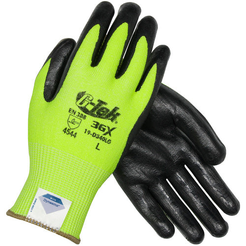 19-D340LG/M Coated Gloves - G-Tek 3GX Dyneema Diamond - Hi-Vis Yellow 13G - Black Nitrile Foam - A4 - Exact Industrial Supply