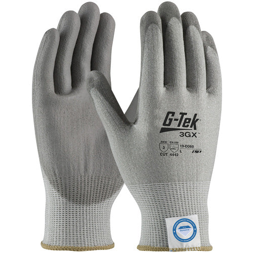 19-D360/L Coated Gloves - G-Tek 3GX Dyneema Diamond - Gray 13G Shell - Gray PU Smooth Grip - A3 - Exact Industrial Supply