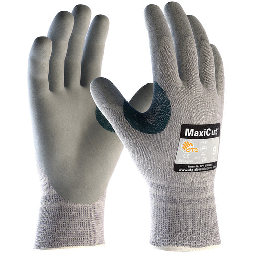 19-D470/M Gloves for Cut Protection - MaxiCut Gray Dyneema/Eng Yrn Shell - Gray Nitrile MicroFoam Grip - A4 - Exact Industrial Supply