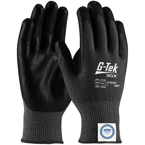 19-D526B/XS Coated Gloves - G-Tek 3GX Dyneema Diamond - Black 13G - Black PU Grip - Touchscreen - A4 - Exact Industrial Supply