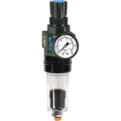 FRL Combination Unit: 1/4 NPT, Miniature with Pressure Gauge 68.5 SCFM, 145 Max psi, Polycarbonate Bowl, Automatic Drain