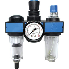 FRL Combination Unit: 1/4 NPT, Miniature with Pressure Gauge 65.32 SCFM, 145 Max psi, Polycarbonate Bowl, Semi-Automatic Drain