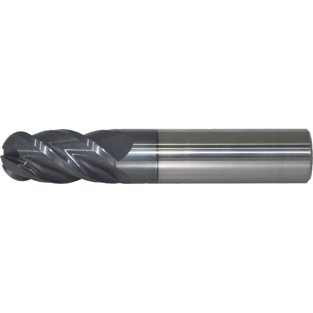 Ball End Mill: 0.25″ Dia, 1″ LOC, 4 Flute, Solid Carbide 4″ OAL, 1/4″ Shank Dia, 40 ° Helix, AlTiN Coated, Single End