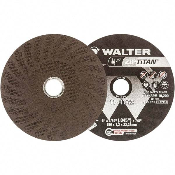 WALTER Surface Technologies - 6" Aluminum Oxide Cutoff Wheel - 3/64" Thick, 7/8" Arbor, 10,200 Max RPM, Use with Die Grinders - Americas Industrial Supply