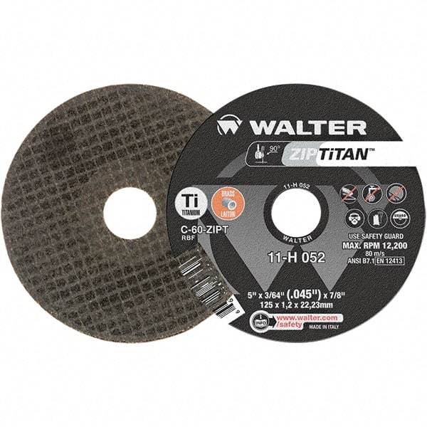 WALTER Surface Technologies - 5" Aluminum Oxide Cutoff Wheel - 3/64" Thick, 7/8" Arbor, 12,200 Max RPM, Use with Die Grinders - Americas Industrial Supply