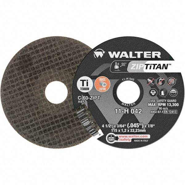 WALTER Surface Technologies - 4-1/2" Aluminum Oxide Cutoff Wheel - 3/64" Thick, 7/8" Arbor, 13,300 Max RPM, Use with Die Grinders - Americas Industrial Supply