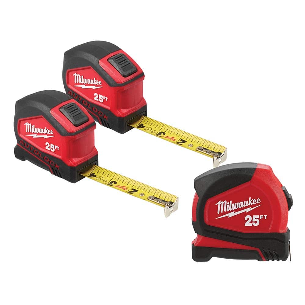 Tape Measure: 25' Long, 1″ Width, Yellow Blade 1/16″ Graduation, Inch Graduation, Black & Red Case