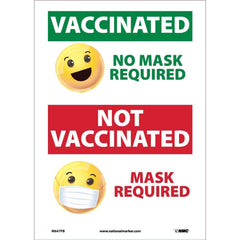 NMC - Safety Signs; Message Type: COVID-19 ; Message or Graphic: Message & Graphic ; Sign Header: COVID-19 ; Legend: EMOJIS, VACCINATED NO MASK REQUIRED, NOT VACCINATED MASK REQUIRED ; Language: English ; Material: Vinyl - Exact Industrial Supply