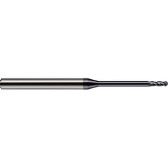 Ball End Mill: 0.01″ Dia, 0.03″ LOC, 4 Flute, Solid Carbide 1-1/2″ OAL, 1/8″ Shank Dia, 30 ° Helix, AlTiN Coated, Single End