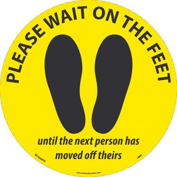 Please Wait on the Feet Until the Next Person Has Moved Off Theirs Round, Black on Yellow, Use for Security & Admittance