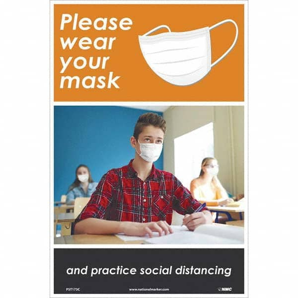 Warning & Safety Reminder Sign: Rectangle, ″Please Wear Your Mask and Practice Social Distancing″ Vinyl, Wall Mount, 18″ High, 12″ Wide