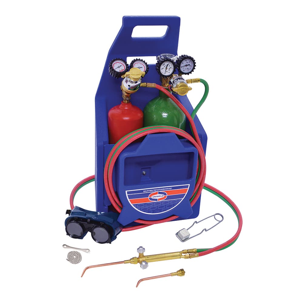 Made in USA - Oxygen/Acetylene Torch Kits; Type: Brazing & Welding Outfit ; Welding Capacity: 1/4 (Inch); Maximum Heating Capacity: 5600?F ; Contents: Welding Handle 71; Oxygen Regulator RO; Fuel Gas Regulator RMC2; Welding Brazing Tip TYPE17-0; TYPE17-2 - Exact Industrial Supply