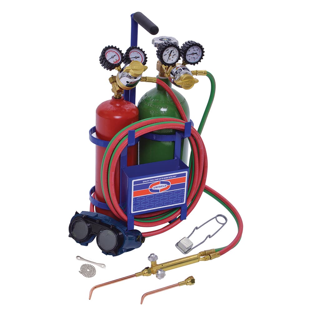 Made in USA - Oxygen/Acetylene Torch Kits; Type: Brazing & Welding Outfit ; Welding Capacity: 1/4 (Inch); Maximum Heating Capacity: 5600?F ; Contents: Welding Handle 71; Oxygen Regulator RO; Fuel Gas Regulator RMC2; Welding Brazing Tip TYPE17-0; TYPE17-2 - Exact Industrial Supply