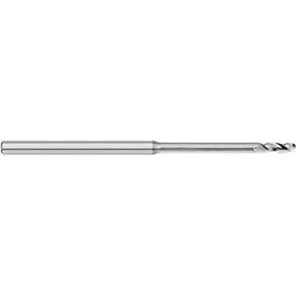 Ball End Mill: 0.035″ Dia, 0.105″ LOC, 3 Flute, Solid Carbide 2-1/2″ OAL, 1/8″ Shank Dia, 30 ° Helix, Uncoated, Single End