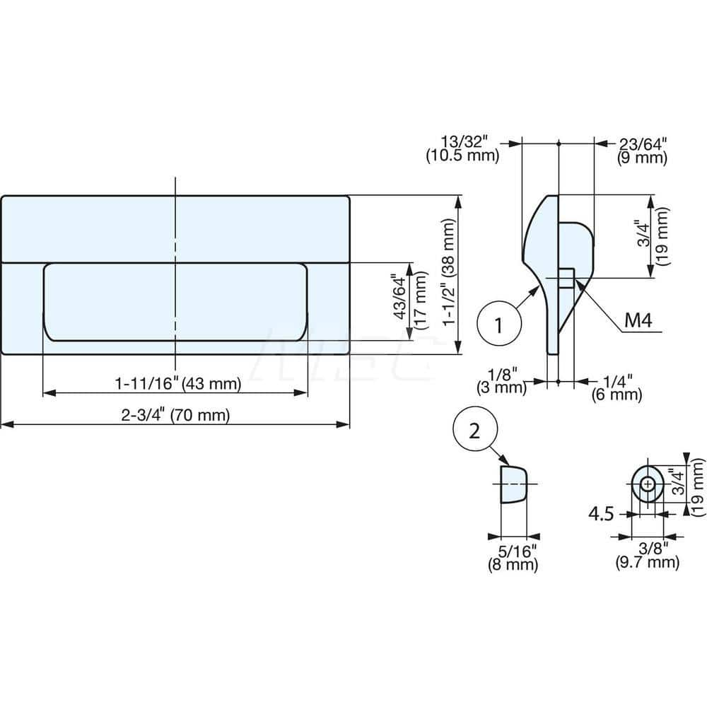 Recessed Pulls; Overall Width (Inch): 2-3/4; Overall Height (mm): 38.00000; Recess Width: 43.00; Recess Height: 17.00; Recess Depth: 9.00; Center to Center: 58.0000; Thread Size: M4; Finish/Coating: Black; Material: ABS; Polycarbonate; Material: ABS; Poly