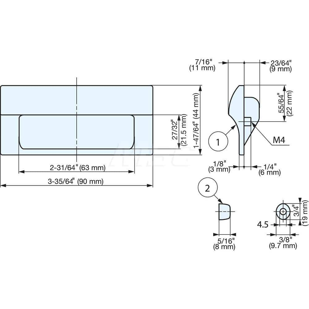 Recessed Pulls; Overall Width (Inch): 3-35/64; Overall Height (mm): 44.00000; Recess Width: 63.00; Recess Height: 21.50; Recess Depth: 11.00; Center to Center: 78.0000; Thread Size: M4; Finish/Coating: Ivory; Material: ABS; Polycarbonate; Material: ABS; P