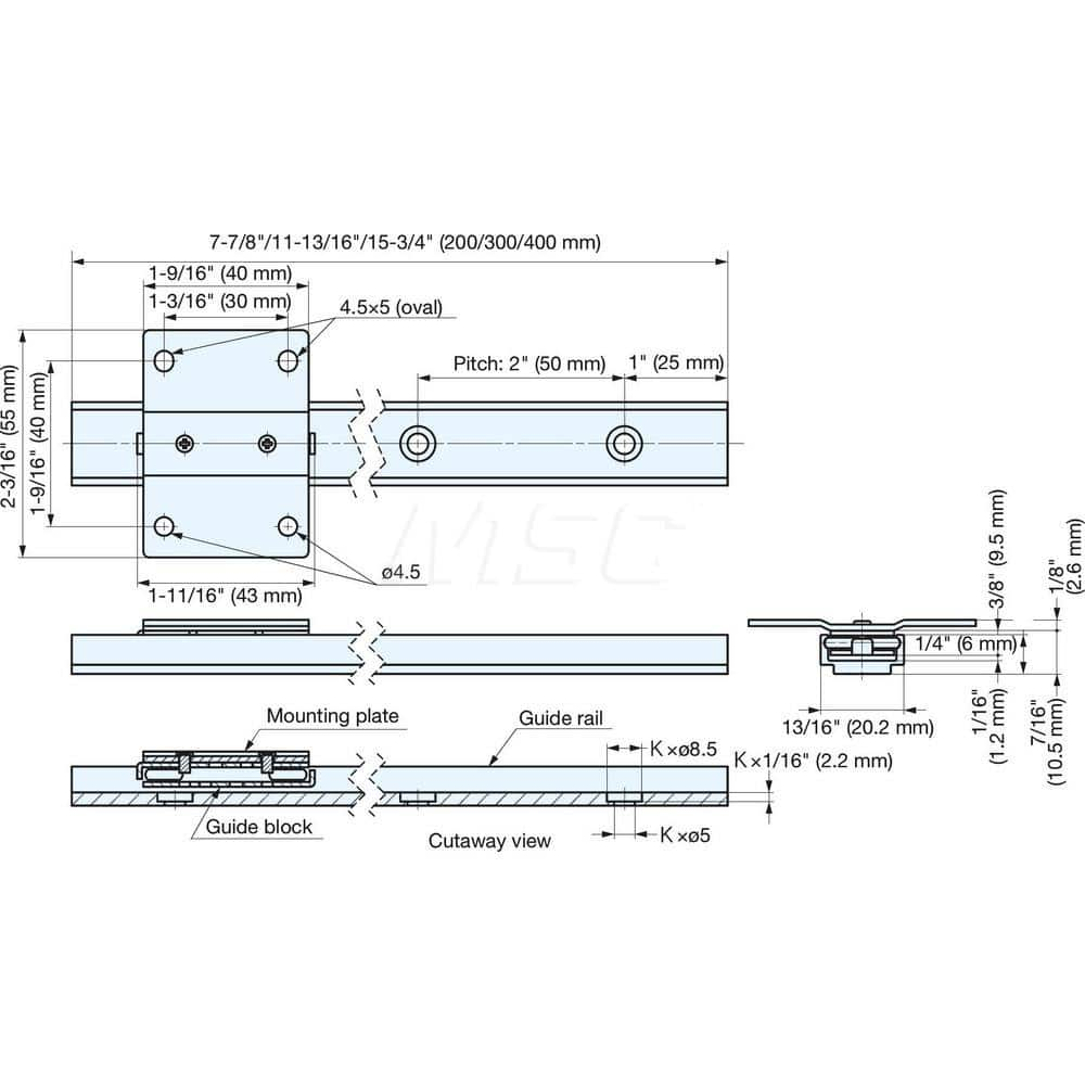 Linear Motion Systems; Type: Guide Rail; Overall Width (mm): 20.2000; Overall Length (mm): 300.0000; Bolt Hole Spacing: 50.0000; Bolt Size: #8; Height (mm): 9.5000