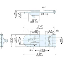 Hasps; Type: Latch Hasp; Pad Length: 11.2000; Arm Length: 2-19/32; Width (Inch): 29/32; Overall Length (Inch): 2-19/32; Additional Information: Installation Type: Snap-On; Slot Length (mm): 18; Weight: 22 g; NSF Compliant; Thickness (mm): 1.2; Specificati