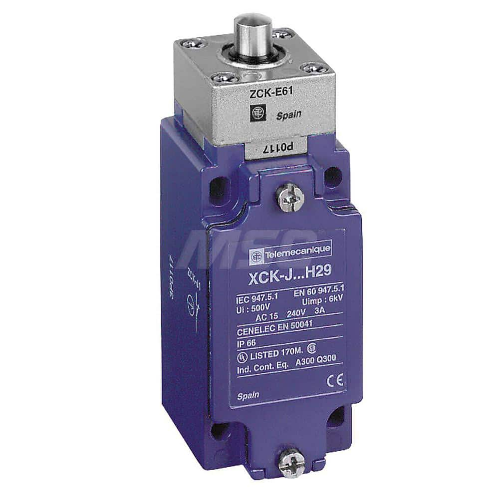 General Purpose Limit Switches; Actuator Type: End Plunger; Voltage: 500 V (IEC); 240.00; 300 V (UL); Actuation Force: 20; Contact Form: 1NO/1NC; Switch Type: Limit; Contact Configuration: NO; NC; Switch Action: Springs Back (Momentary); Terminal Type: Sc